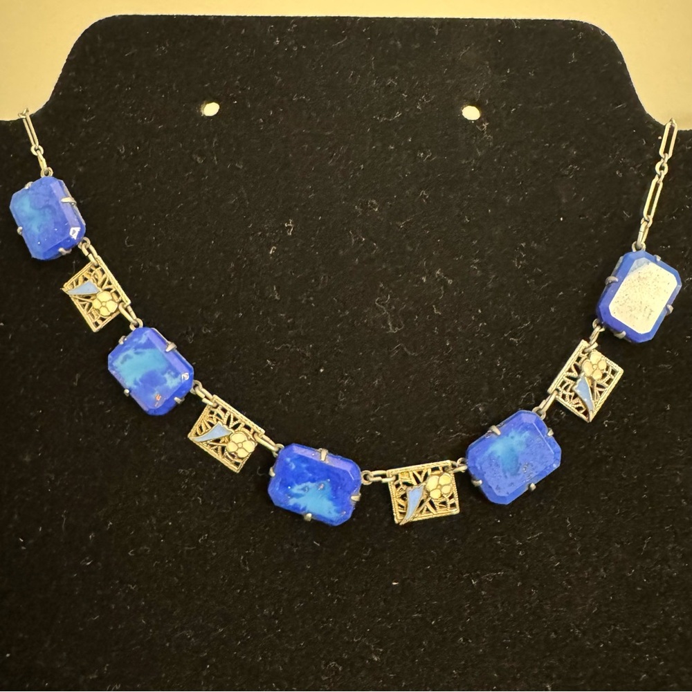 Lapis Blue Glass & Gold Filigree Necklace - Women's Jewelry